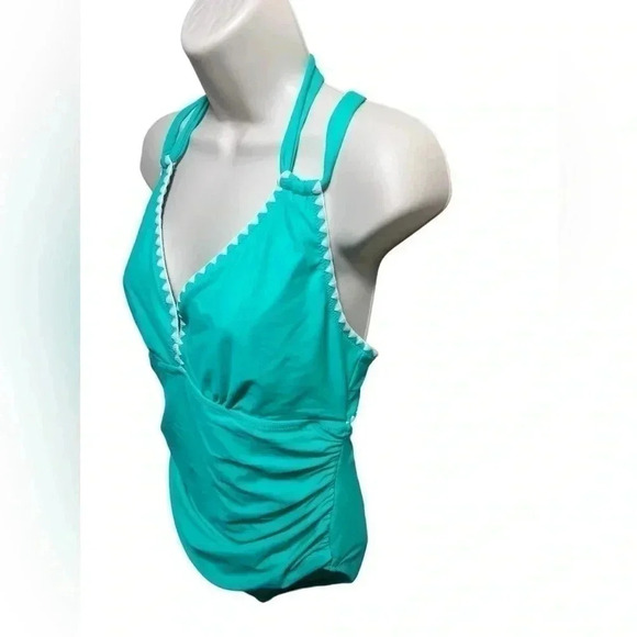 NWOT Beachsissi One Piece Swimsuit Seafoam Green V Neck Ruched Tummy Control XL - Picture 2 of 5